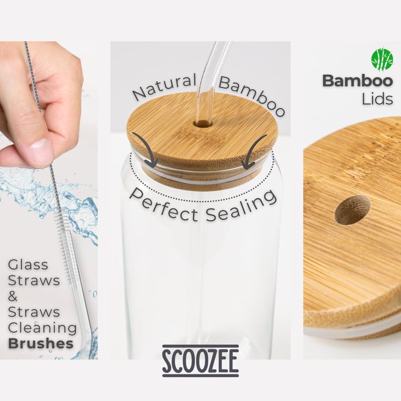 Scoozee Scoozee Iced Coffee Cups with Lids [4 Pcs-18Oz] Beer Glasses with Bamboo Lids & Glass Straws, White Elephant Gifts, Glass Cups with Lids & Straws, Coffee Glass Tumbler, Housewarming Gifts New Home  - Image 5