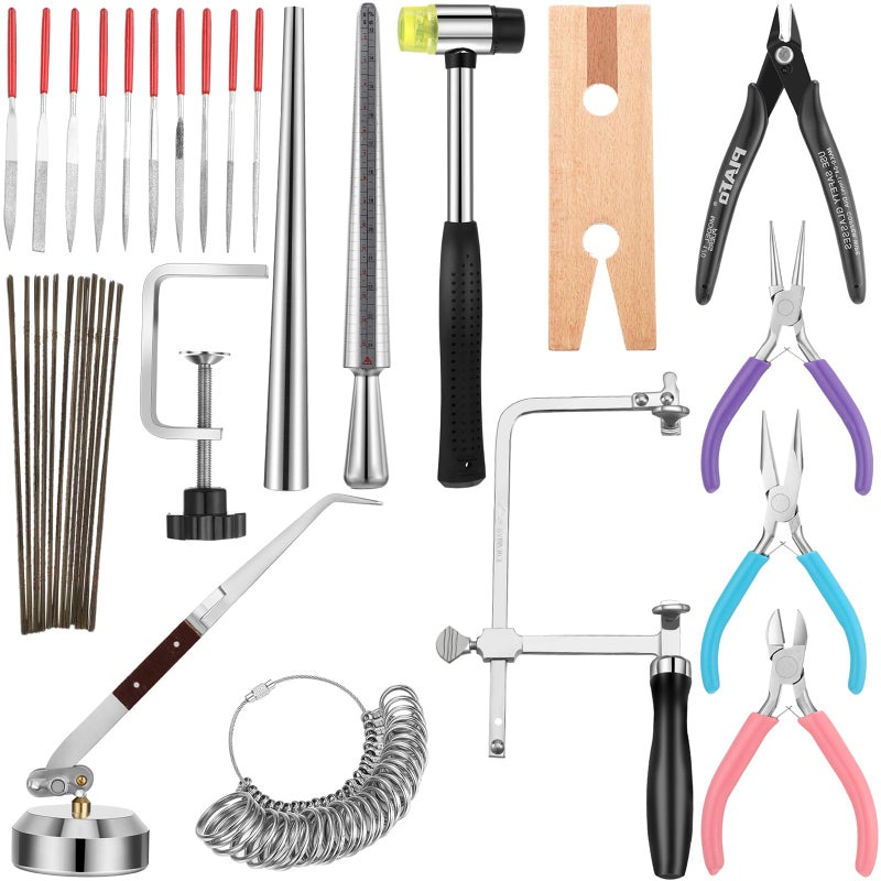 Chumia Jewelers Tools Set Including Jeweler's Saw Frame 144 Blades Third Hand Tweezers Wooden Pin Clamp Multipurpose Needle File Wooden Ring Clamp Ring Sizer Mandrel Measuring Tool Mallet Hammer - Image 1