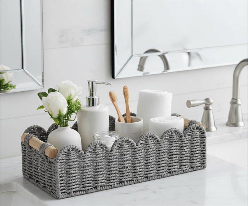 CubesLand Bathroom Basket Organizer, Toilet Tank Paper Storage Baskets 2-Pack, Scalloped Decorative Basket for Countertop w/Handle, Wicker Basket for Bathroom Decor, Home Decor, Living Room, Grey - Image 4