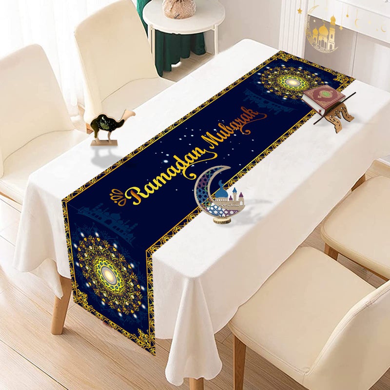 Eid Mubarak Table Runner Blue Gold Ramadan Mubarak Table Runner Cover Cloth Linen Eid Ramadan Decorations for Table Mosque Muslim Islamic Party Table Decor for Home Dining Table Decoration 72 Inch