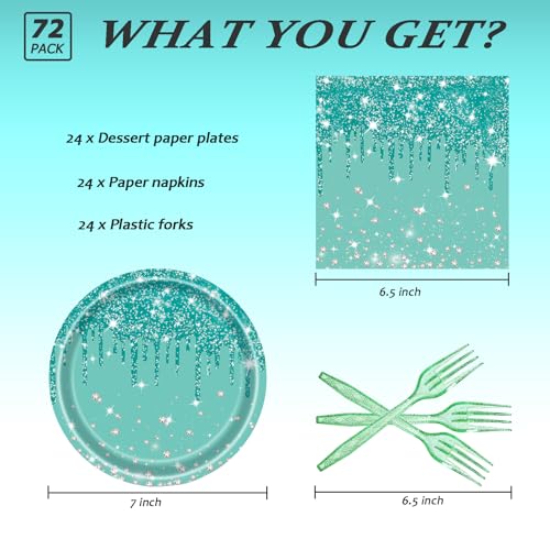 LYFREE 72 Pcs Teal Glitter Paper Plates 7in Disposable Paper Dessert Plates Napkins and Forks Party Tableware Set Happy Birthday Table Decorations for 24 Guests Blue Green Silver Birthday Wedding Theme Party - Image 2