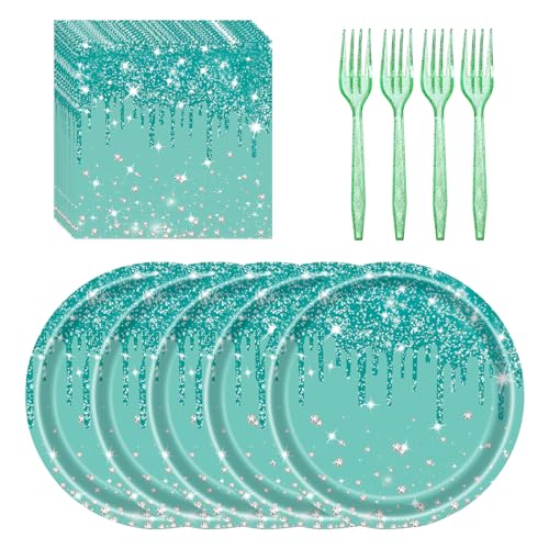 LYFREE 72 Pcs Teal Glitter Paper Plates 7in Disposable Paper Dessert Plates Napkins and Forks Party Tableware Set Happy Birthday Table Decorations for 24 Guests Blue Green Silver Birthday Wedding Theme Party - Image 1