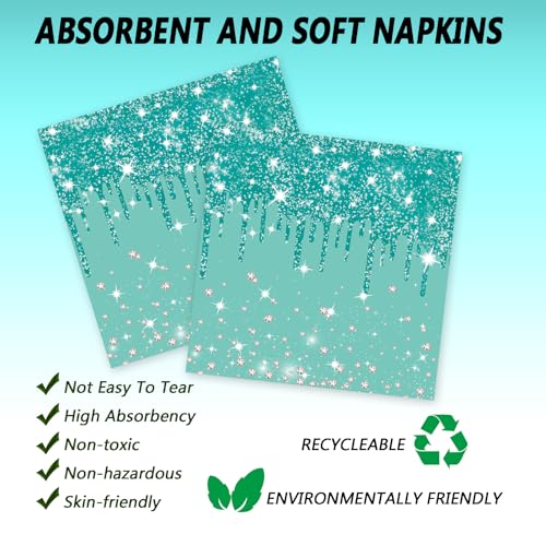 LYFREE 72 Pcs Teal Glitter Paper Plates 7in Disposable Paper Dessert Plates Napkins and Forks Party Tableware Set Happy Birthday Table Decorations for 24 Guests Blue Green Silver Birthday Wedding Theme Party - Image 4