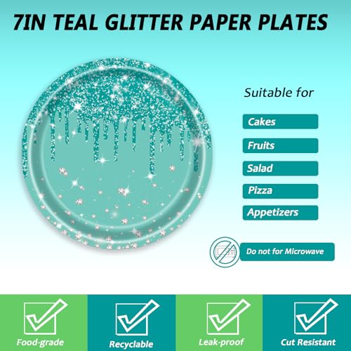 LYFREE 72 Pcs Teal Glitter Paper Plates 7in Disposable Paper Dessert Plates Napkins and Forks Party Tableware Set Happy Birthday Table Decorations for 24 Guests Blue Green Silver Birthday Wedding Theme Party - Image 3