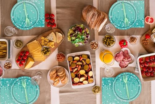LYFREE 72 Pcs Teal Glitter Paper Plates 7in Disposable Paper Dessert Plates Napkins and Forks Party Tableware Set Happy Birthday Table Decorations for 24 Guests Blue Green Silver Birthday Wedding Theme Party - Image 5