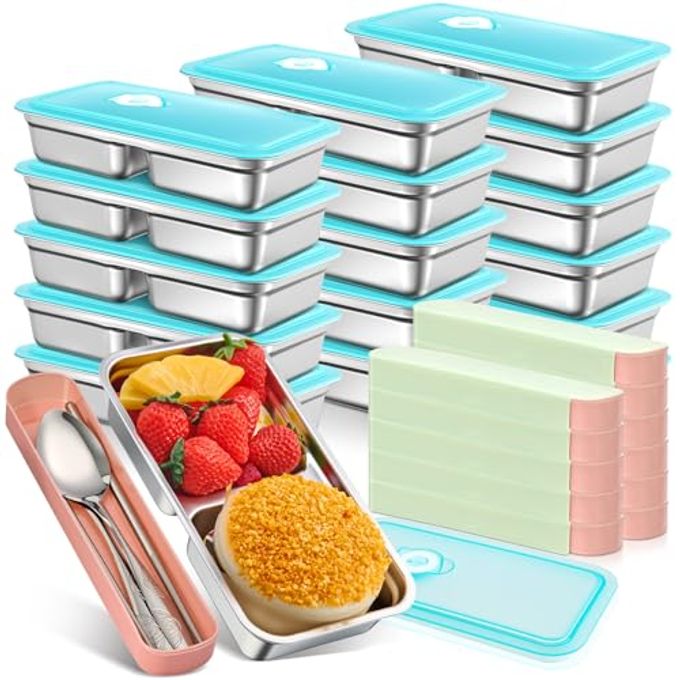 Vesici 12 Pack Stainless Steel Bento Boxes with Tableware Set 15 oz 2 Compartments Snack Box Containers with Leakproof Lids, Divided Meal Prep Lunch Box Food Container Dishwasher Safe