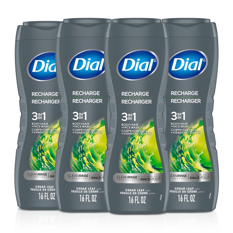 Dial Men 3 in 1 Body, Hair and Face Wash, Recharge, 16 Fl Oz (Pack of 4), Cedar Leaf Scent, Cleanses Deep + Gentle on Skin with Clean Rinse Technology - Image 1