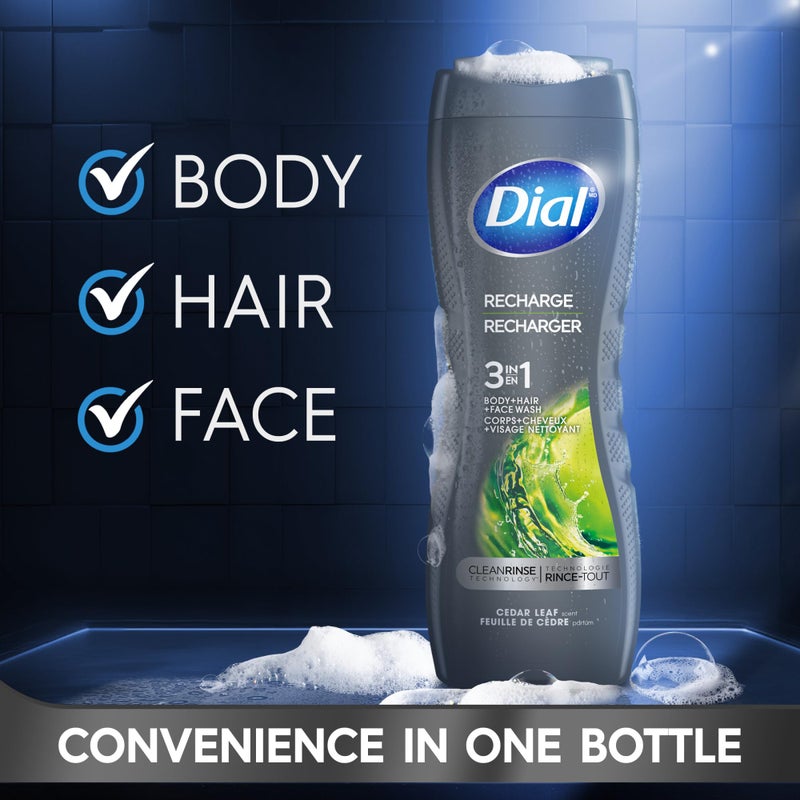 Dial Men 3 in 1 Body, Hair and Face Wash, Recharge, 16 Fl Oz (Pack of 4), Cedar Leaf Scent, Cleanses Deep + Gentle on Skin with Clean Rinse Technology - Image 2