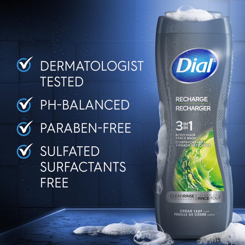 Dial Men 3 in 1 Body, Hair and Face Wash, Recharge, 16 Fl Oz (Pack of 4), Cedar Leaf Scent, Cleanses Deep + Gentle on Skin with Clean Rinse Technology - Image 4