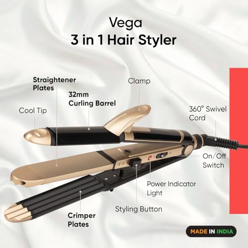 Vega 3 in 1 Hair Styler for Women, (India's No.1 Appliance Brand) | Straightener, Curler and Crimper, Quick Heat up, Suitable for All Types, Gold-Black (VHSCC-01) - Image 2