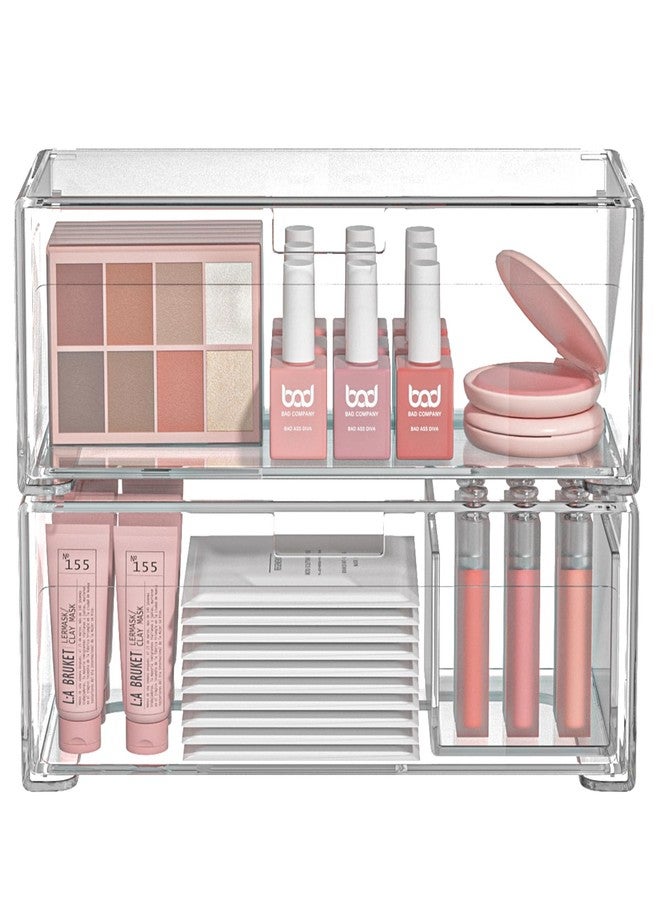 سنفيكون أدراج تخزين قابلة للتكديس، صناديق تخزين بلاستيكية شفافة، منظم أدراج الحمام، منظم خزانة الأدوية، منظمات مكياج مع فاصل قابل للإزالة، مساحة عمل منزلية، مكتب، طاولة زينة، فكرة هدية، عبوة من قطعتين - Image 2