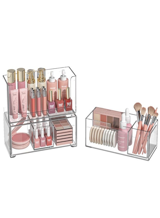 سنفيكون أدراج تخزين قابلة للتكديس، صناديق تخزين بلاستيكية شفافة، منظم أدراج الحمام، منظم خزانة الأدوية، منظمات مكياج مع فاصل قابل للإزالة، مساحة عمل منزلية، مكتب، طاولة زينة، فكرة هدية، عبوة من قطعتين - Image 1