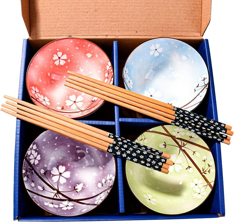LMRLCS Japanese Rice Bowls and Chopstick set of 4 with Delicate Box Ceramic Rice Bowls for Soup and Snack Includes Four Colors - Image 1