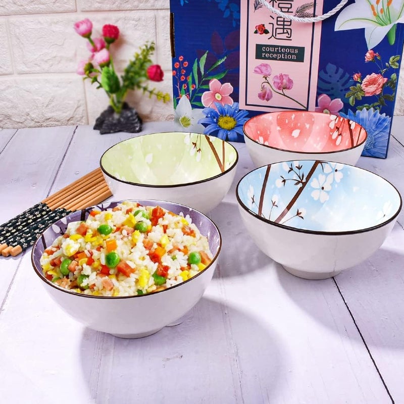 LMRLCS Japanese Rice Bowls and Chopstick set of 4 with Delicate Box Ceramic Rice Bowls for Soup and Snack Includes Four Colors - Image 2