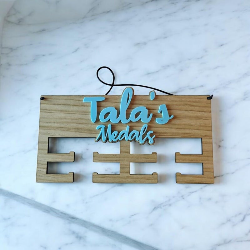Curious Button Personalised Medal Hanger | Wooden & Acrylic Medal Holder with Name | Custom Wall Display for Sports Awards | Kids Room Decor Gift for Him & Her | Size 26x14 cm (Blue) - Image 1