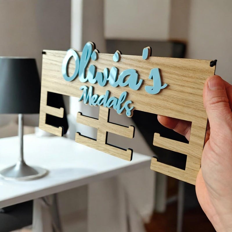 Curious Button Personalised Medal Hanger | Wooden & Acrylic Medal Holder with Name | Custom Wall Display for Sports Awards | Kids Room Decor Gift for Him & Her | Size 26x14 cm (Blue) - Image 2