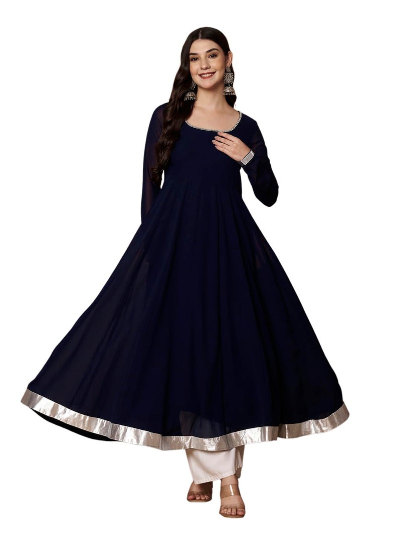KZA Women's Georgette Hand Embroidered Flared Anarkali Kurta with Full Sleeves | Ethnic Anarkali Suit for Women Blue - Image 1