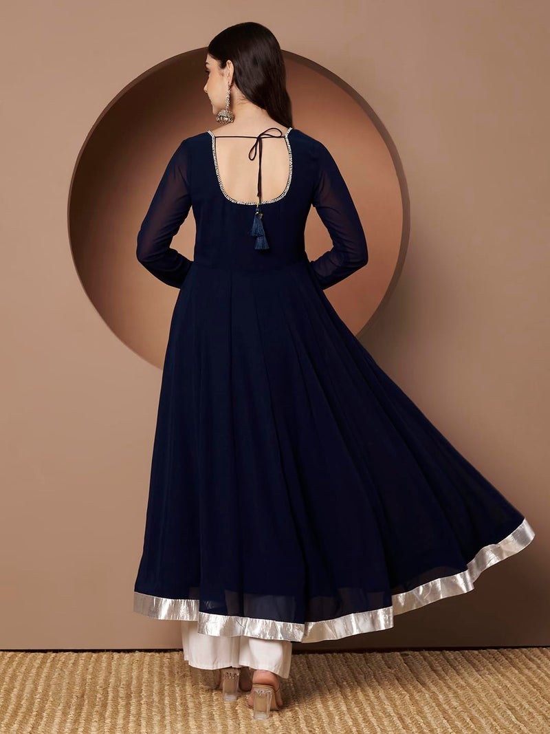 KZA Women's Georgette Hand Embroidered Flared Anarkali Kurta with Full Sleeves | Ethnic Anarkali Suit for Women Blue - Image 4