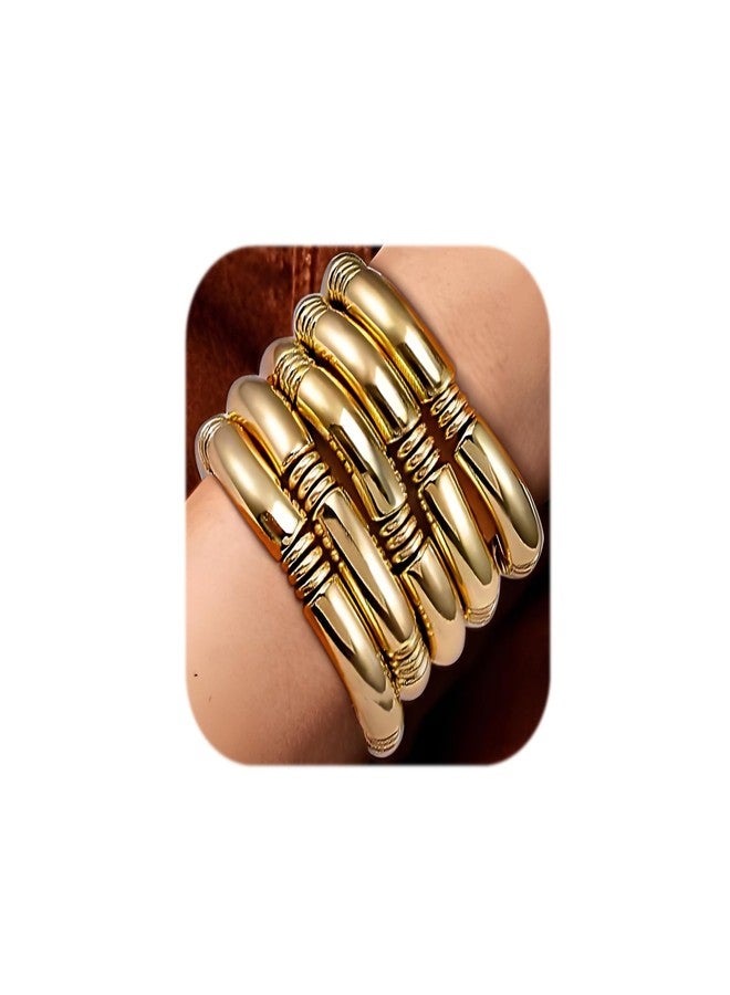 KOSMOS-LI 5pcs Gold Plate Chunky Bangles Bracelets For Women Layered Bamboo Wave Tube Stretch Bracelets Costume Jewelry - Image 1