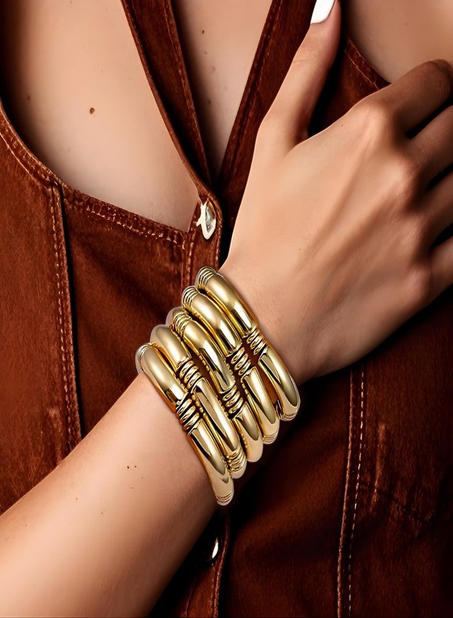 KOSMOS-LI 5pcs Gold Plate Chunky Bangles Bracelets For Women Layered Bamboo Wave Tube Stretch Bracelets Costume Jewelry - Image 3