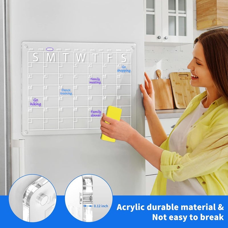 Magnetic Acrylic Dry Erase Board for Fridge, Clear Whiteboard with 4 Markers, Eraser and Pen Holder, Reusable Note Board for Meal Planning, To-Do Lists and Reminders - 19L x 23W CM - Image 1
