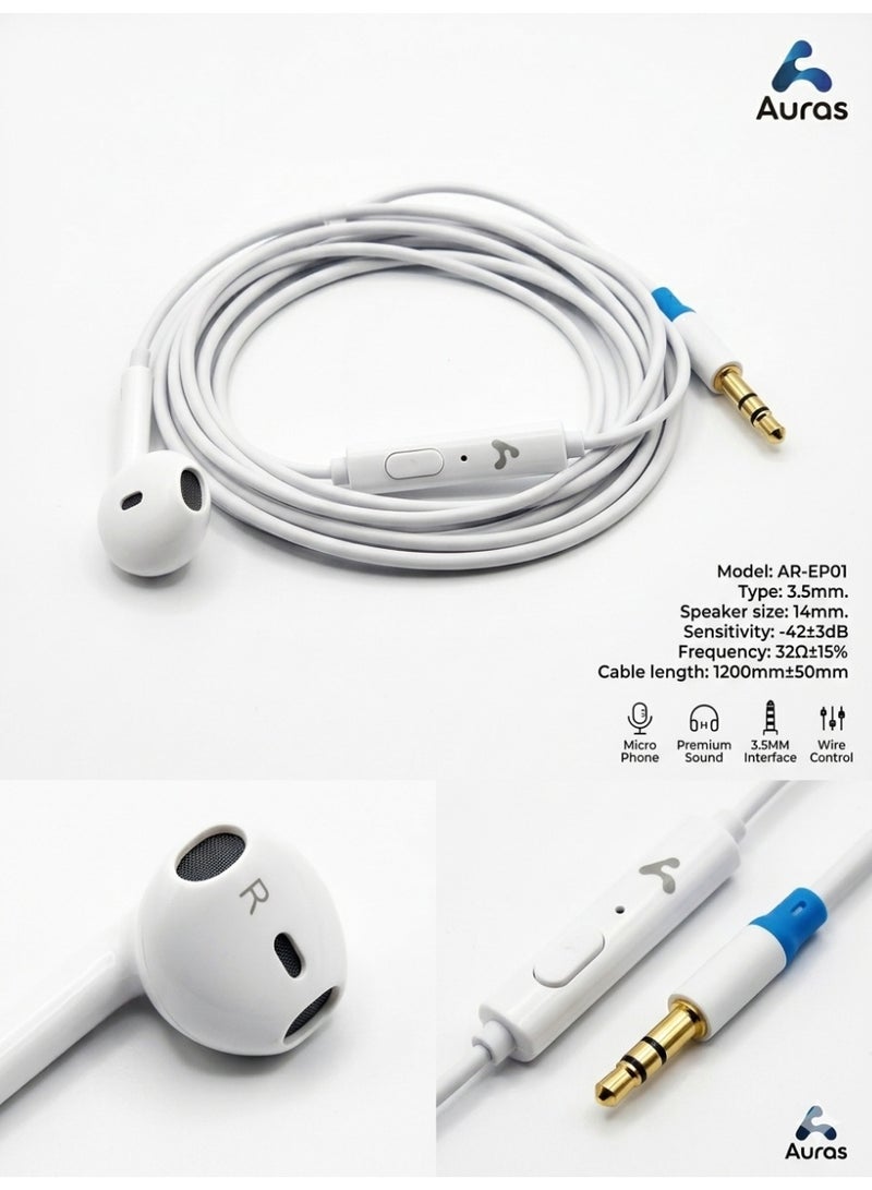Auras AR-EP01 Wired Half-in-Ear Earphones with Built-in Mic, Wire Control, and 3.5mm Jack - Original Stereo Sound - White. - Image 2