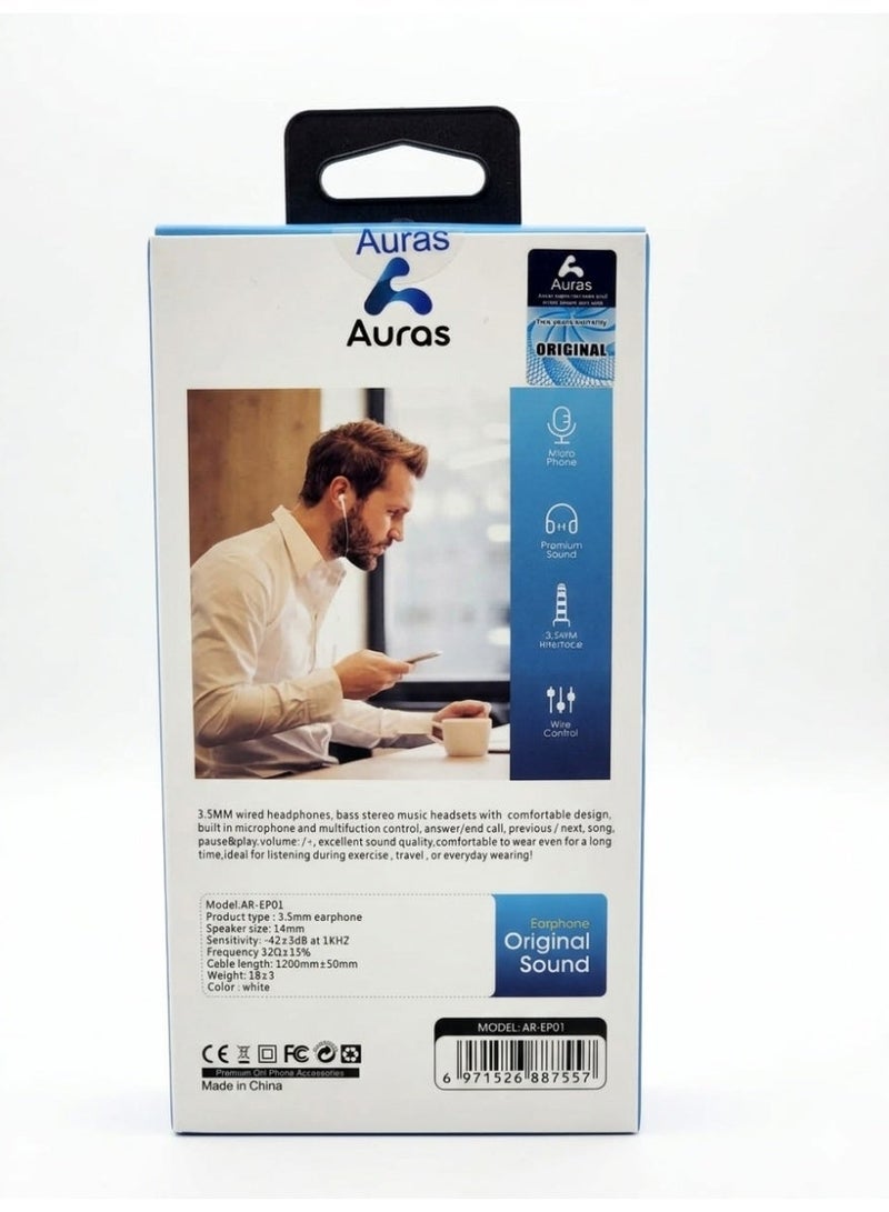 Auras AR-EP01 Wired Half-in-Ear Earphones with Built-in Mic, Wire Control, and 3.5mm Jack - Original Stereo Sound - White. - Image 4