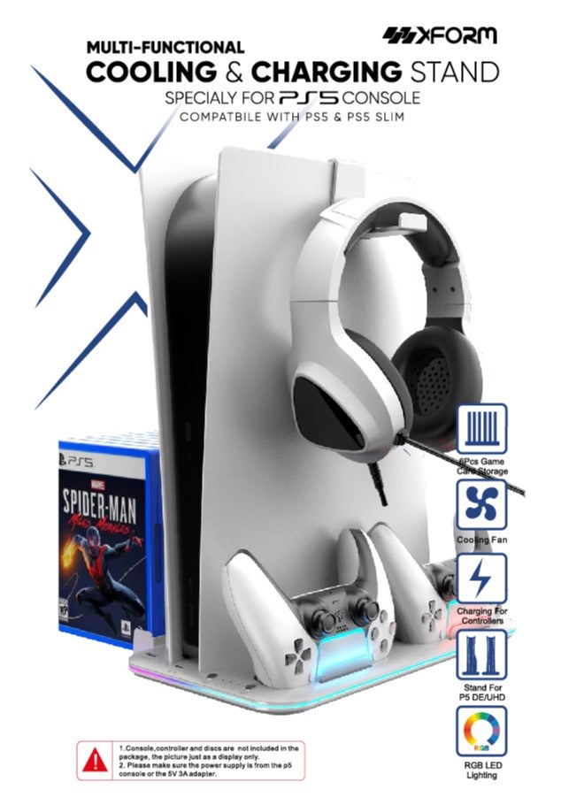 XForm PS5 Stand and Cooling Station with Dual Controller Charging Station for Sony  PlayStation 5 Console, PS5 Accessories Incl. Controller Charger, Cooling fan, Headset holder ( Fit PS5 FAT , SLIM ,SLIM PRO Versions) White - Image 1