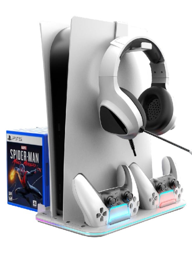 XForm PS5 Stand and Cooling Station with Dual Controller Charging Station for Sony  PlayStation 5 Console, PS5 Accessories Incl. Controller Charger, Cooling fan, Headset holder ( Fit PS5 FAT , SLIM ,SLIM PRO Versions) White - Image 2