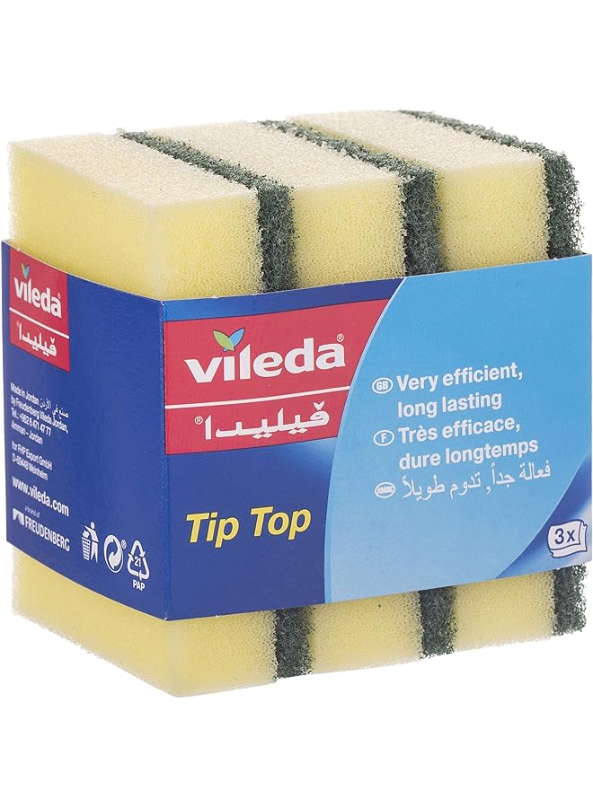 Vileda Tiptop Dishwashing Sponge 3 Pieces Mid Foam Scourer For Tough Dirt Sponge For Dishes Long Lasting And Durable. - Image 1