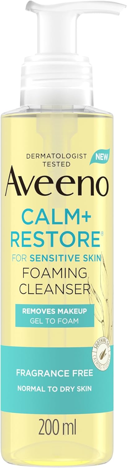 Aveeno Face CALMRESTORE Foaming Cleanser Removes Makeup Waterproof Mascara Gel to Foam For Sensitive Skin Fragrance Free 200ml
