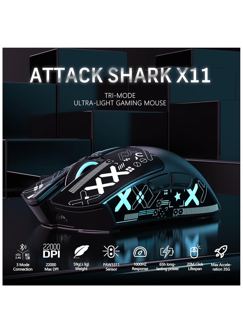 Attack Shark ATTACK SHARK X11 Tri-Mode Gaming Mouse - Wired, 2.4GHz Wireless, Bluetooth - 22000 DPI PixArt PAW3311 Sensor - RGB Backlight - Magnetic Charging Dock - Lightweight & Ergonomic Design - For PC, Laptop, Mac, Xbox, PS (Black)  - Image 4