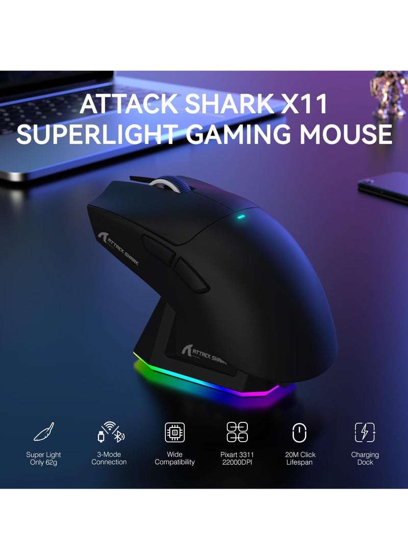 Attack Shark - ATTACK SHARK X11 Tri-Mode Gaming Mouse - Wired, 2.4GHz Wireless, Bluetooth - 22000 DPI PixArt PAW3311 Sensor - RGB Backlight - Magnetic Charging Dock - Lightweight & Ergonomic Design - For PC, Laptop, Mac, Xbox, PS (Black) - Image 1