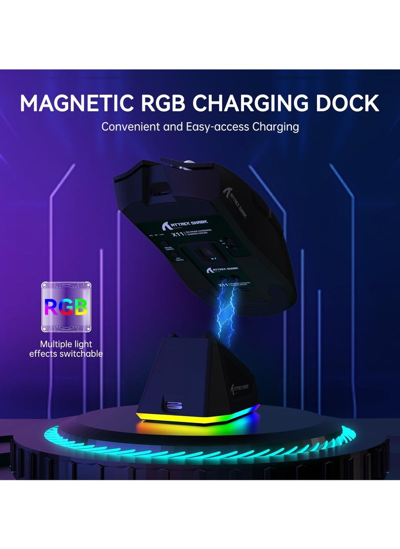 Attack Shark - ATTACK SHARK X11 Tri-Mode Gaming Mouse - Wired, 2.4GHz Wireless, Bluetooth - 22000 DPI PixArt PAW3311 Sensor - RGB Backlight - Magnetic Charging Dock - Lightweight & Ergonomic Design - For PC, Laptop, Mac, Xbox, PS (Black) - Image 1