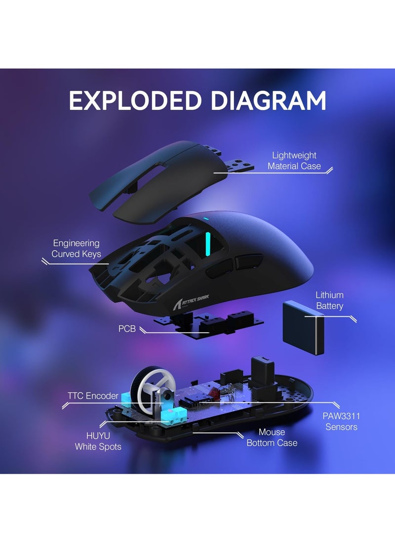 Attack Shark - ATTACK SHARK X11 Tri-Mode Gaming Mouse - Wired, 2.4GHz Wireless, Bluetooth - 22000 DPI PixArt PAW3311 Sensor - RGB Backlight - Magnetic Charging Dock - Lightweight & Ergonomic Design - For PC, Laptop, Mac, Xbox, PS (Black) - Image 1