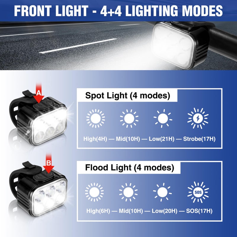 WORKPRO Bike Lights Set [8+13 Modes], Rechargeable Bicycle Light Set Ultra Bright, IP65 Waterproof Bike Lights for Night Riding, 1200mAh Bike Headlight and Tail Light Reflectors, Black - Image 2