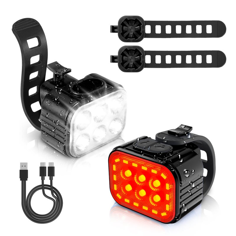 WORKPRO Bike Lights Set [8+13 Modes], Rechargeable Bicycle Light Set Ultra Bright, IP65 Waterproof Bike Lights for Night Riding, 1200mAh Bike Headlight and Tail Light Reflectors, Black - Image 1