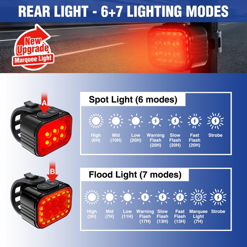 WORKPRO Bike Lights Set [8+13 Modes], Rechargeable Bicycle Light Set Ultra Bright, IP65 Waterproof Bike Lights for Night Riding, 1200mAh Bike Headlight and Tail Light Reflectors, Black - Image 3