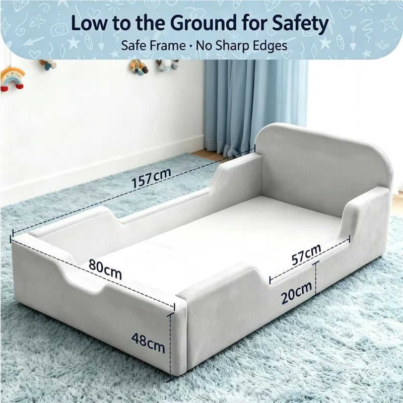 Soft Foam Toddler Bed with Spring Pillow Top Mattress - Beige Upholstered Kids Floor Bed - Image 2
