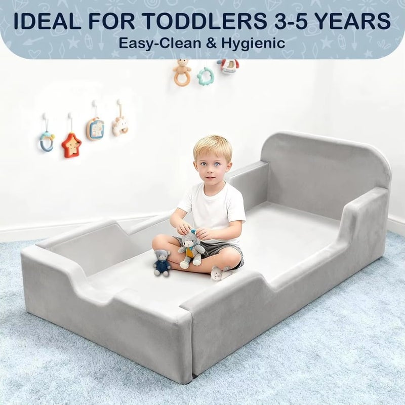Soft Foam Toddler Bed with Spring Pillow Top Mattress - Beige Upholstered Kids Floor Bed - Image 5