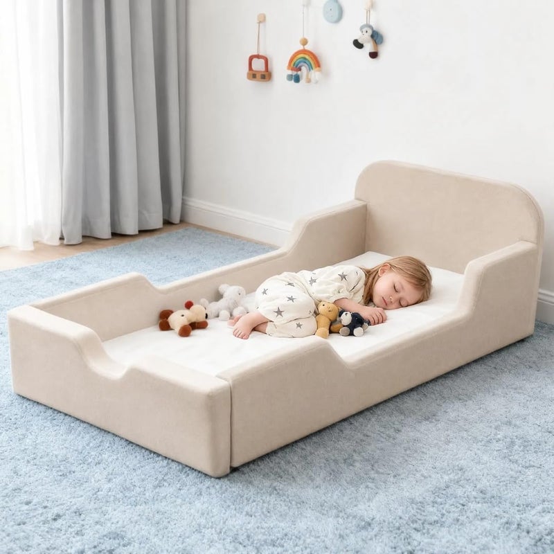 Soft Foam Toddler Bed with Spring Pillow Top Mattress - Beige Upholstered Kids Floor Bed - Image 1