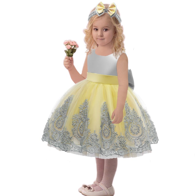 popular children's dress foreign trade children's princess dress lace color matching dress skirt 2023 spring children's clothing silver gray with yellow 70 references 1-2 years old - Image 1