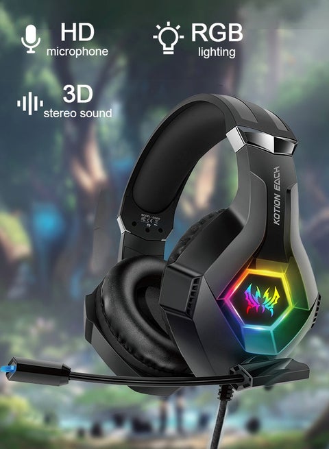 Gaming Headset Wired with Mic, LED Light, Stereo Surround Sound, Soft Memory Earmuffs, Noise Cancelling Over-Ear - Compatible for PS4, PS5, Xbox One, Xbox Series, Nintendo Switch, PC