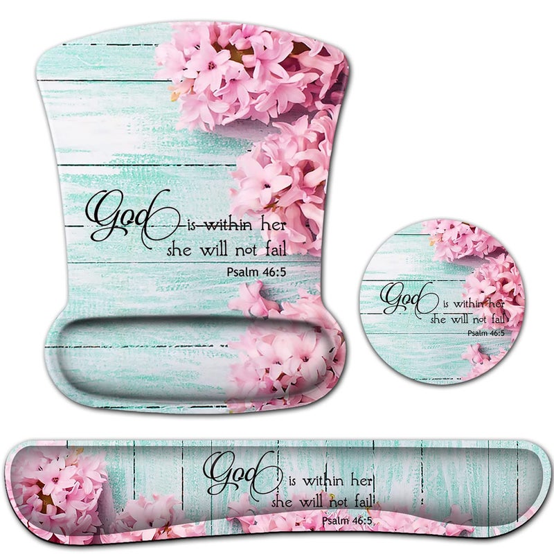 JVGFYNKL Mouse Pad with Wrist Support, Ergonomic Gel Mouse Pad Beautiful Flowers,Non-Slip Durable, Memory Foam Keyboard Wrist Rest, Suitable for Office Typing Games, Pink Hyacinths on Wood Panel - Image 1