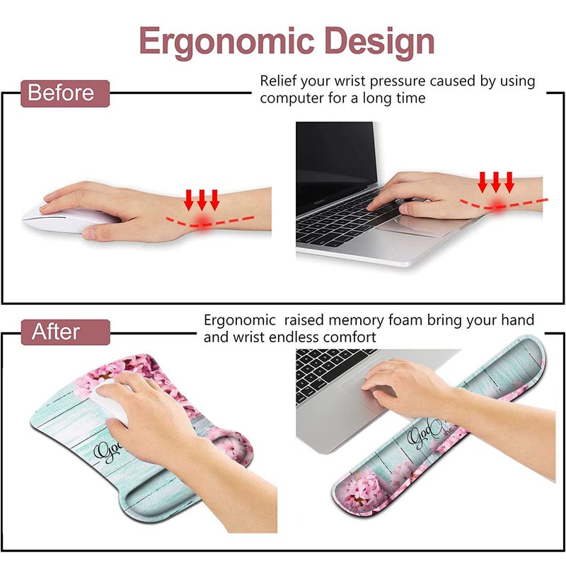 JVGFYNKL Mouse Pad with Wrist Support, Ergonomic Gel Mouse Pad Beautiful Flowers,Non-Slip Durable, Memory Foam Keyboard Wrist Rest, Suitable for Office Typing Games, Pink Hyacinths on Wood Panel - Image 3