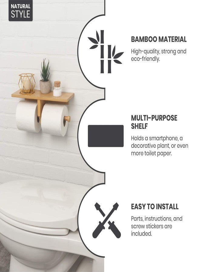 Arrow and Stem Modern Hanging Wall Mount Natural Bamboo Double Dual Toilet Paper Holder with Convenience Shelf Tray for Toilet Paper, Phone, Plants, Decor, and Other Accessories - Image 2