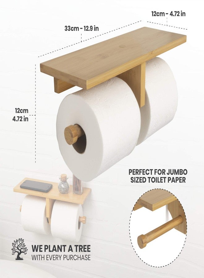 Arrow and Stem Modern Hanging Wall Mount Natural Bamboo Double Dual Toilet Paper Holder with Convenience Shelf Tray for Toilet Paper, Phone, Plants, Decor, and Other Accessories - Image 3