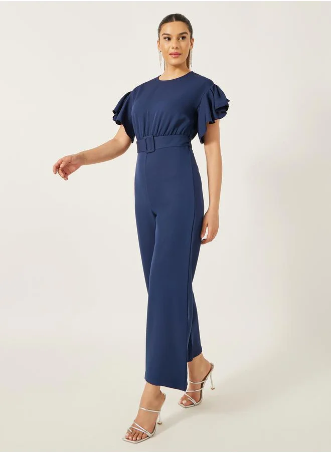 ستايلي Flutter Sleeve Round Neck Belted Jumpsuit