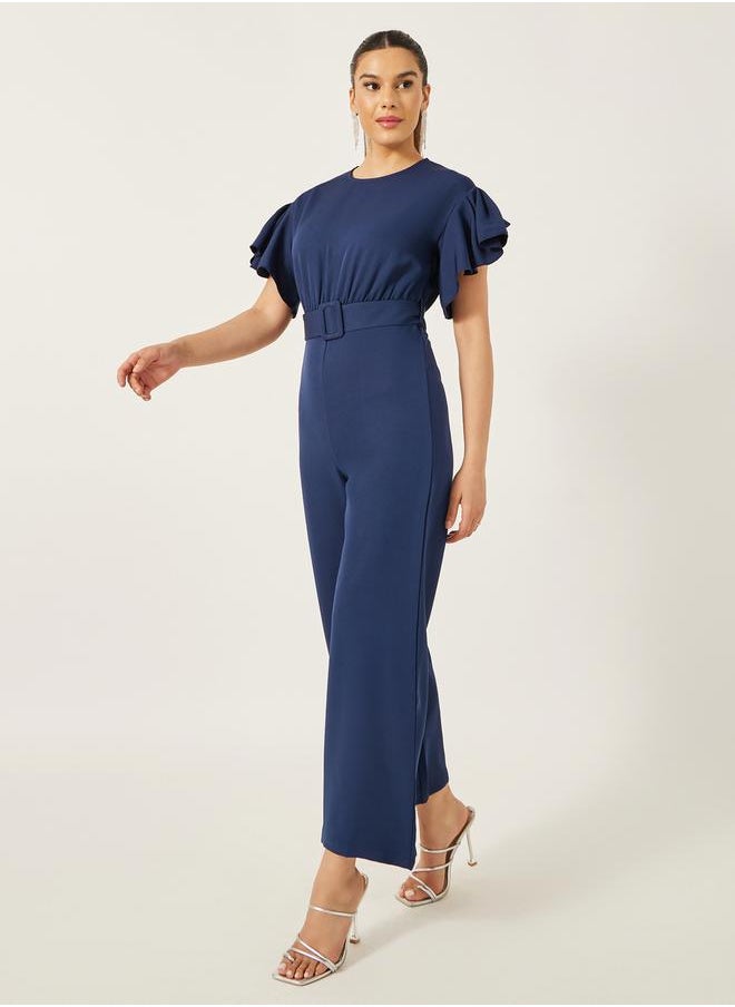 Styli - Flutter Sleeve Round Neck Belted Jumpsuit - Image 1