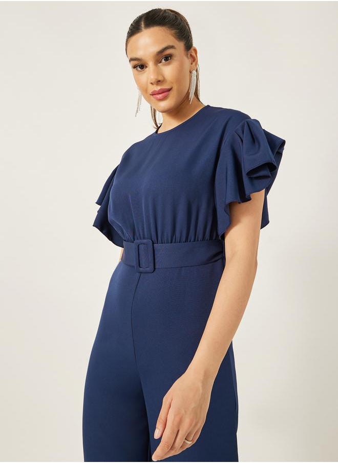 Styli - Flutter Sleeve Round Neck Belted Jumpsuit - Image 1